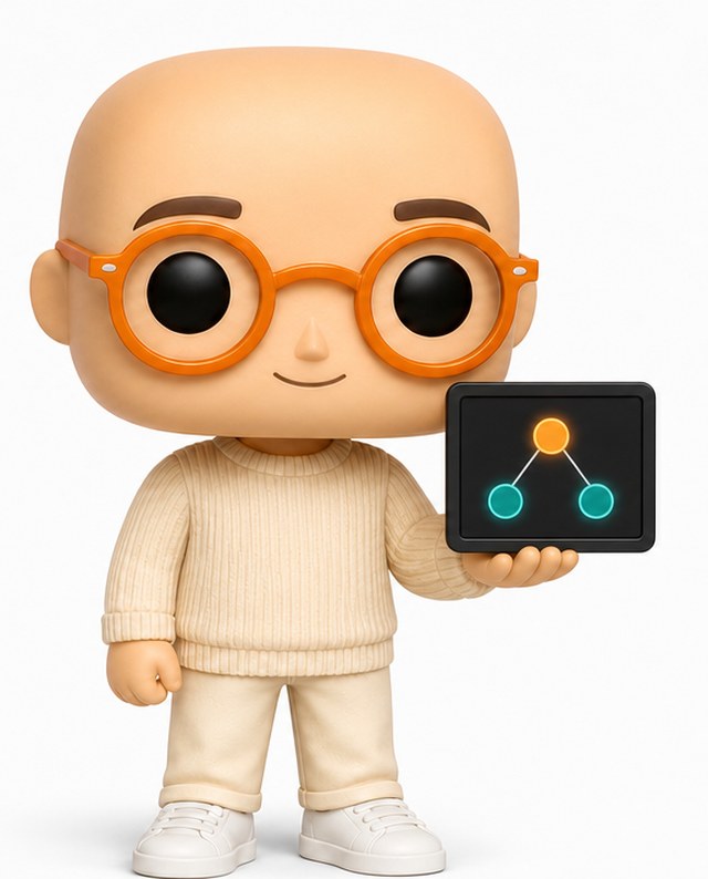 Personnage animé de Medy, chauve avec des lunettes rondes oranges, tenant une tablette affichant un schéma d'automatisation (nœuds reliés)