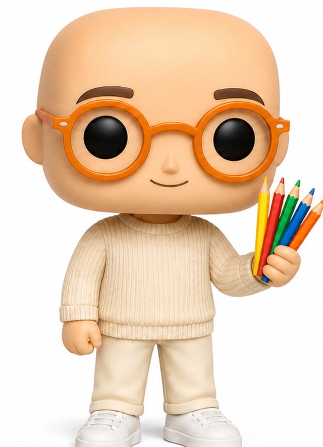 Personnage animé de Medy, chauve avec des lunettes rondes oranges, tenant un petit bouquet de crayons de couleur