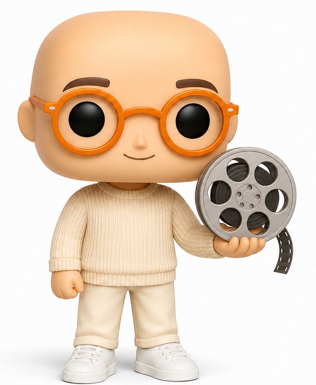 Personnage animé de Medy, chauve avec des lunettes rondes oranges, tenant une bobine de film de cinéma