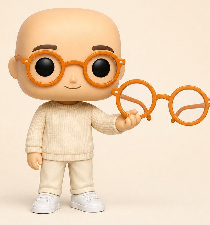 Personnage animé de Medy, chauve avec des lunettes rondes oranges, présentant une grande paire de lunettes