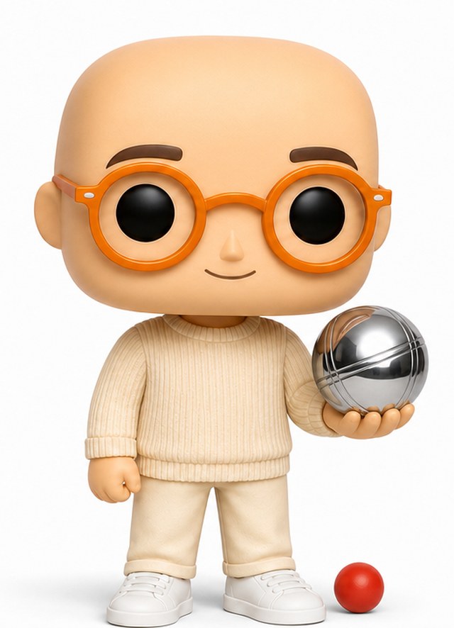 Personnage animé de Medy, chauve avec des lunettes rondes oranges, tenant une boule de pétanque argentée à côté d'un cochonnet rouge