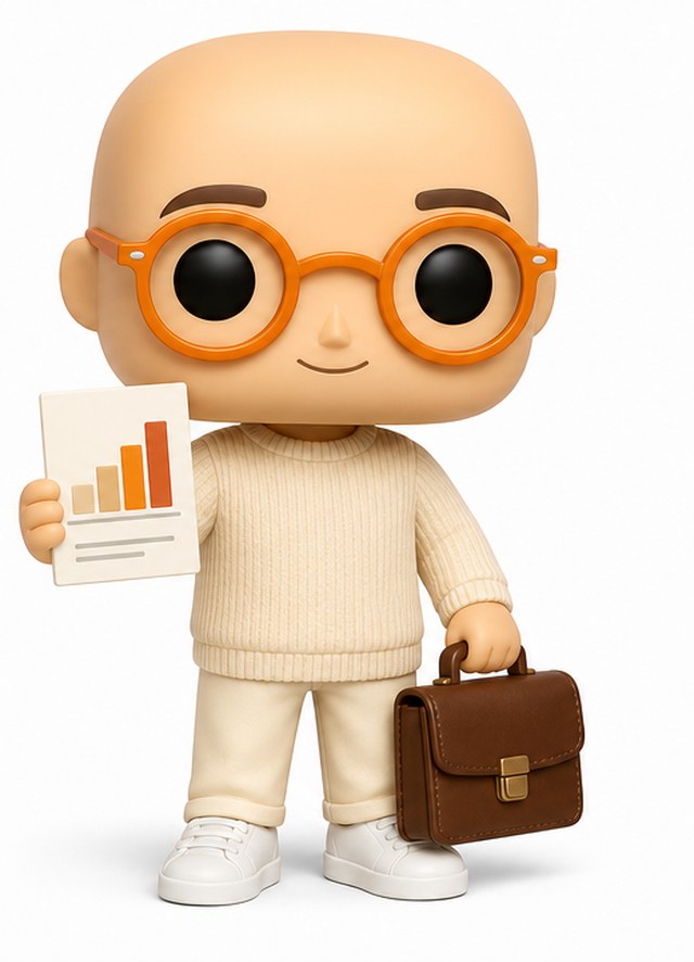 Personnage animé de Medy, chauve avec des lunettes rondes oranges, tenant une mallette et un graphique de proposition commerciale