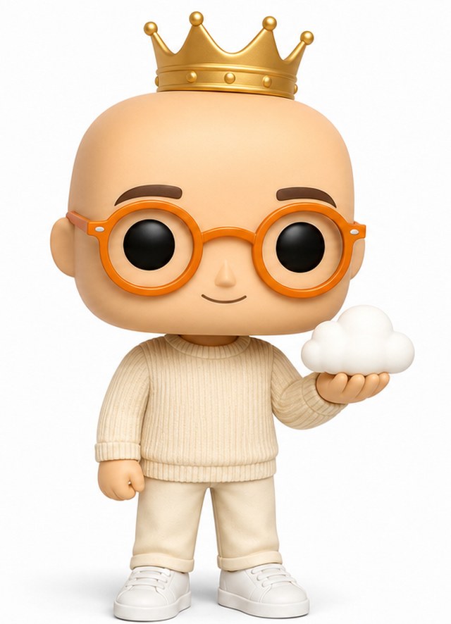 Personnage animé de Medy, chauve avec des lunettes rondes oranges, portant une couronne dorée et tenant un petit nuage