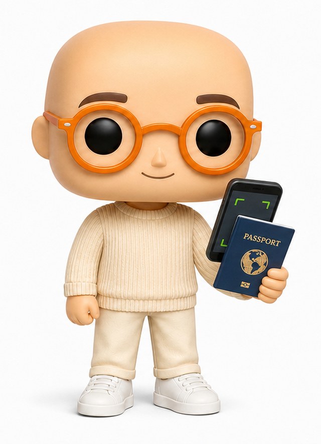 Personnage animé de Medy, chauve avec des lunettes rondes oranges, scannant un passeport avec un smartphone
