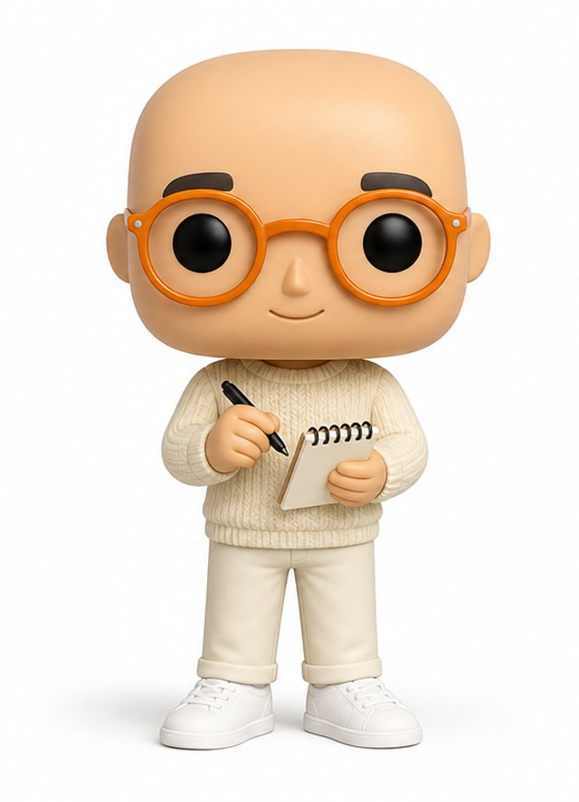 Personnage animé de Medy, chauve avec des lunettes rondes oranges, entouré de ses outils de création