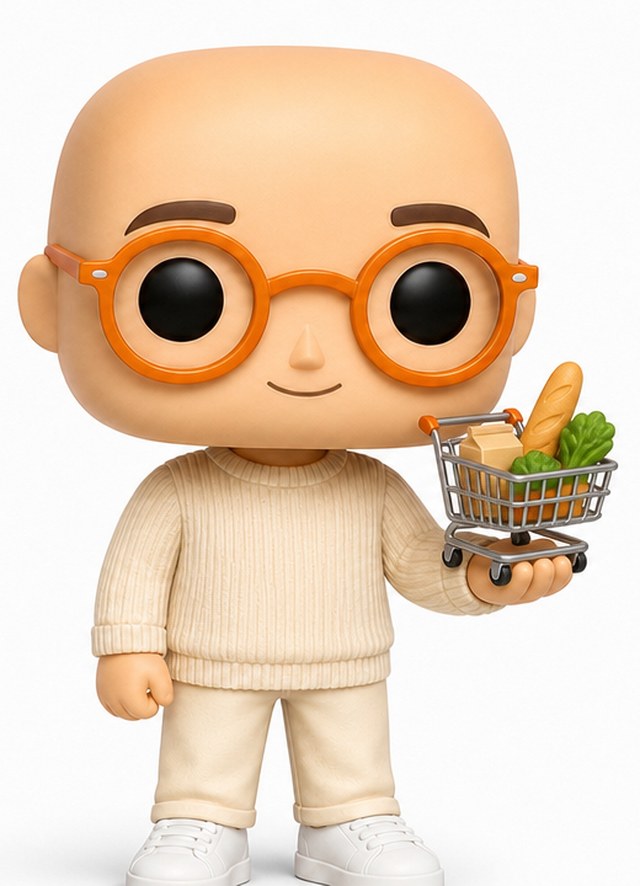 Personnage animé de Medy, chauve avec des lunettes rondes oranges, tenant un mini chariot de courses rempli de provisions